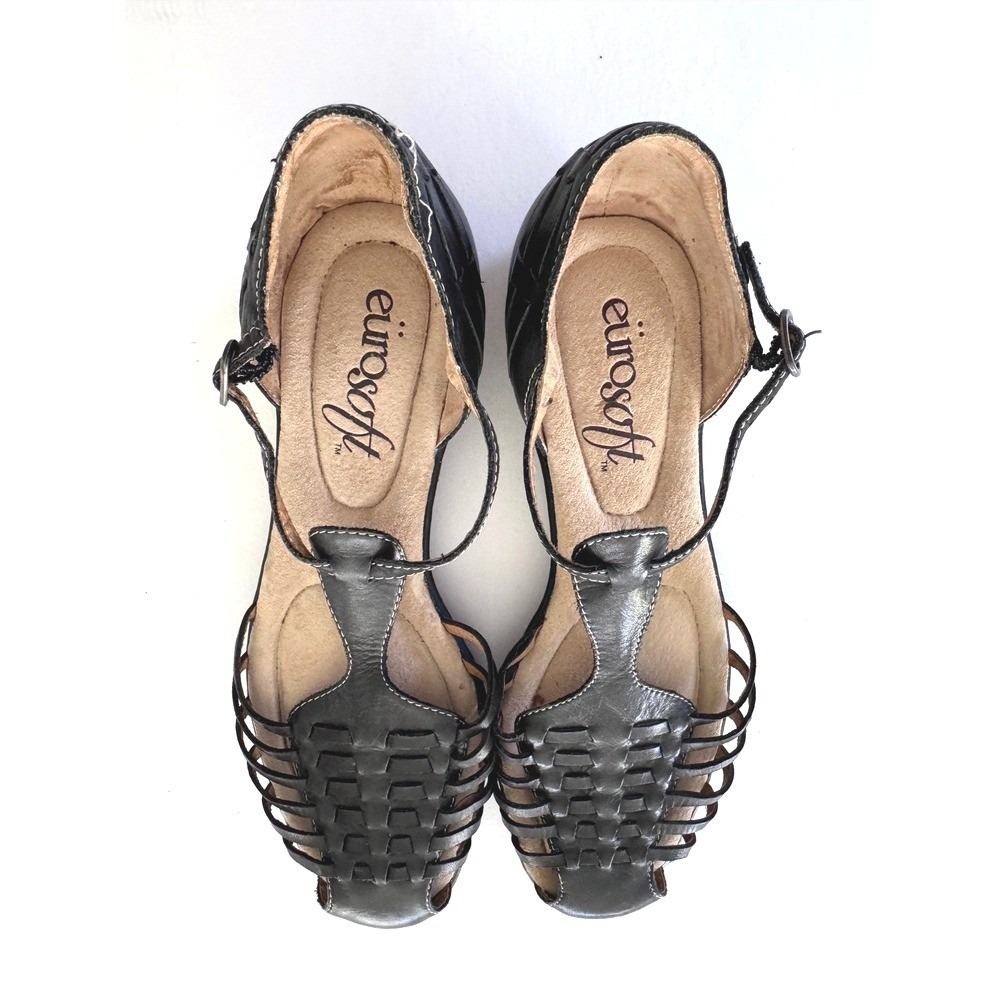 Retro Eurosoft Allison Black Leather Woven Sandals 8M Bohemian Chic